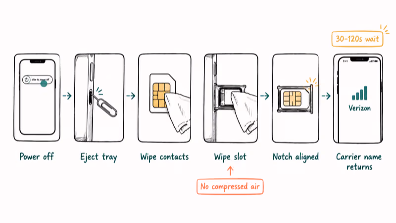 Six step flowchart showing how to power off, eject, clean, and reseat an iPhone SIM card