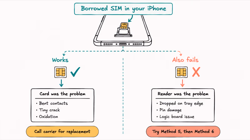 Decision tree comparing borrowed SIM works versus also fails outcomes for iPhone reader diagnosis