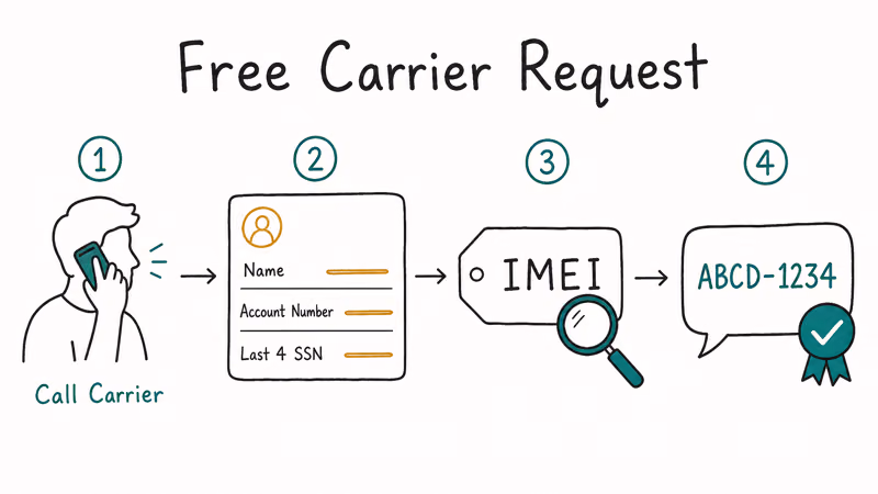 Four-step flow showing carrier request verification IMEI submission and SMS unlock code arrival.