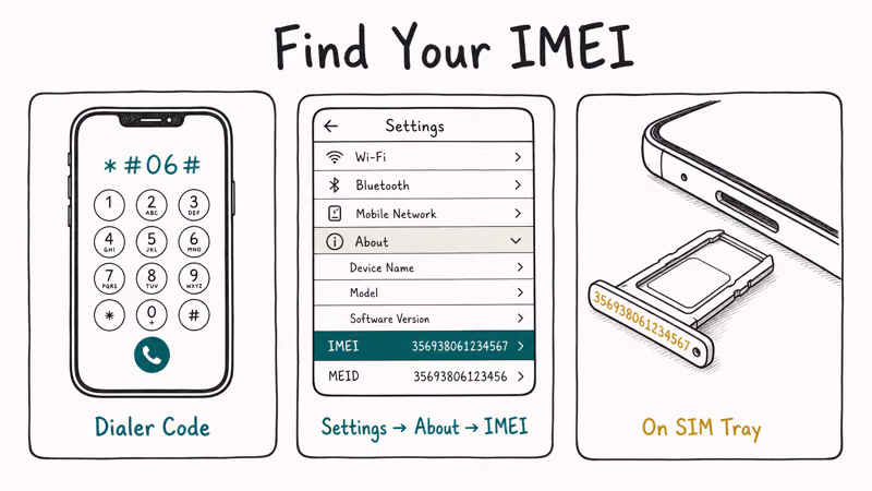 Three-card row showing three ways to find a phone IMEI via dialer settings menu or SIM tray.