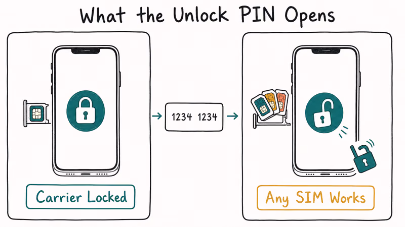 Two-pane diagram showing carrier-locked phone unlocked by entering SIM network PIN to accept any SIM.