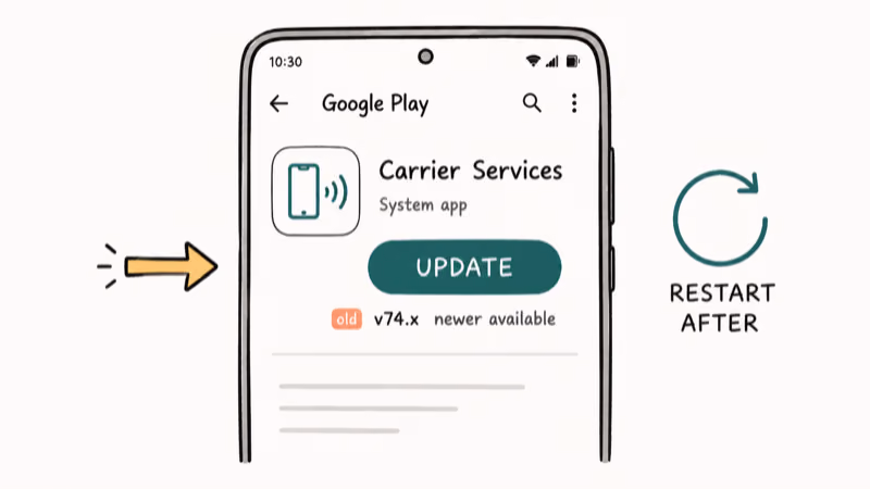 Hand-drawn Google Play screen showing the Carrier Services app with a highlighted update button and restart hint.