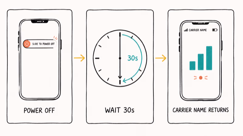 Three-panel hand-drawn diagram of phone power off, thirty-second wait, then carrier signal returning.