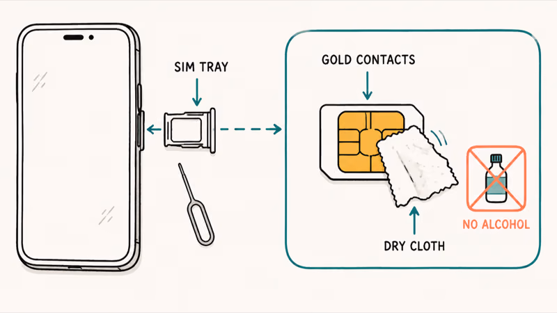 Hand-drawn illustration of a SIM tray ejected with a cloth wiping the gold contacts on the card.