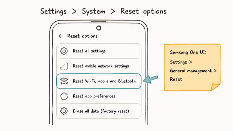 Android settings screen highlighting the Reset Wi-Fi mobile and Bluetooth path used to clear MM#2.