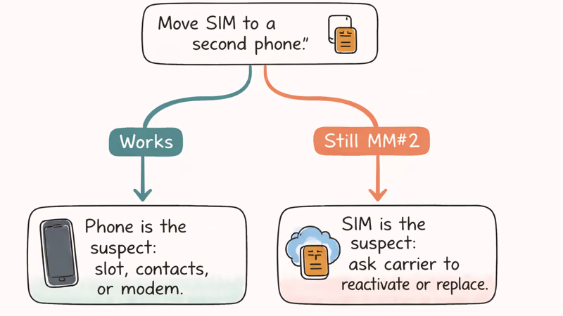 Flowchart showing how moving the SIM to a second phone isolates whether the SIM or device causes MM#2.