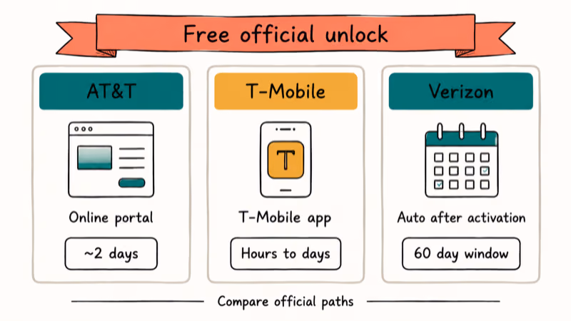 Three column comparison of major US carrier official iPhone unlock paths and typical processing times
