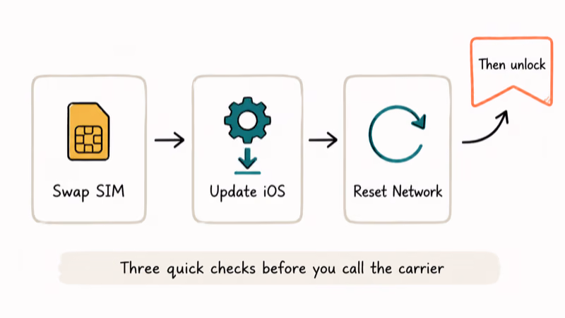 Three step flowchart showing swap SIM update iOS and reset network settings before requesting a carrier unlock