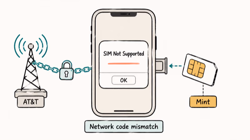 iPhone showing SIM Not Supported alert with mismatched SIM card and original carrier lock bond illustration