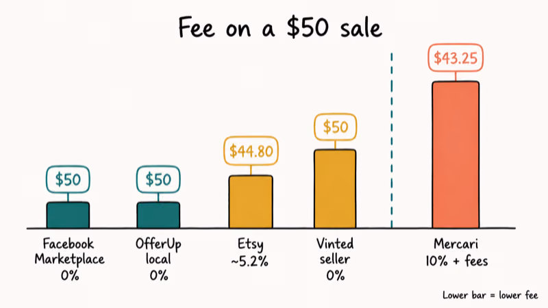 Bar chart comparing Facebook OfferUp Etsy and Vinted seller fees against Mercari
