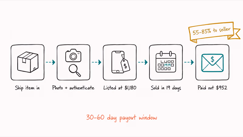 Five step consignment flow from shipping the item to receiving the seller payout