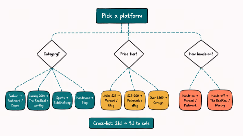 Decision tree mapping category price tier and effort to recommended resale platforms