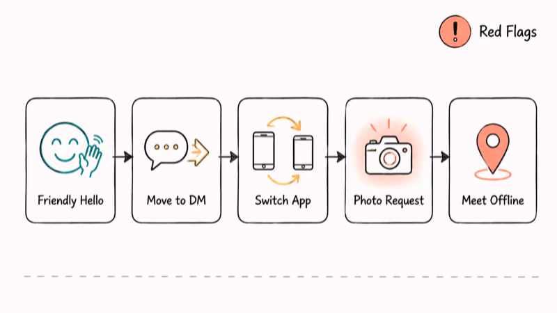 Hand-drawn five-step flow showing how online predators escalate from friendly chat to in-person requests.