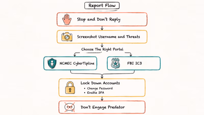 Hand-drawn vertical flowchart showing the correct steps to report illegal content on chat sites.