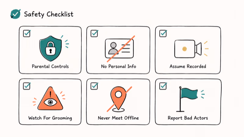 Hand-drawn six-tile safety checklist for adults using anonymous chat platforms with icons for each rule.