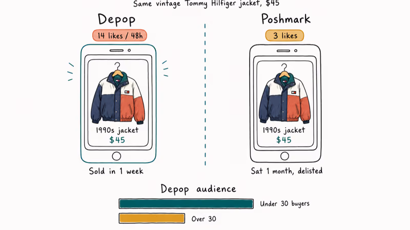 Side by side likes count on Depop versus Poshmark for a vintage Tommy Hilfiger jacket