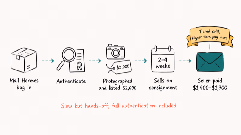 Five step consignment flow from mailing a Hermes bag to The RealReal seller payout