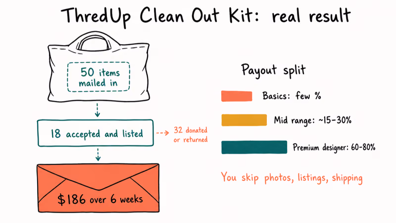 Funnel diagram showing fifty closet items shrinking to eighteen listings and a ThredUp seller payout