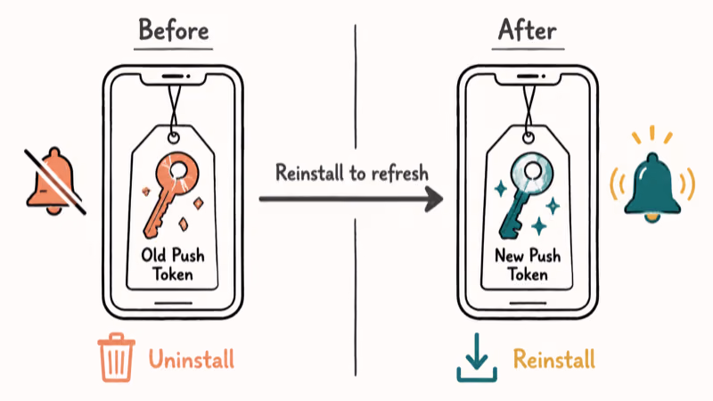 Before-and-after illustration of replacing a Slack push token by uninstalling and reinstalling the app