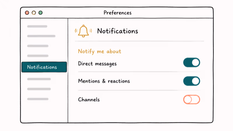 Slack preferences panel illustration showing direct messages and mentions toggles enabled in the notifications pane