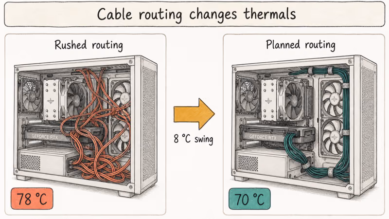 Hand-drawn comparison showing cable routing impact on CPU temperatures inside compact cases