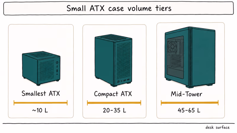 Hand-drawn comparison of small ATX case volumes from ten to sixty-five liters