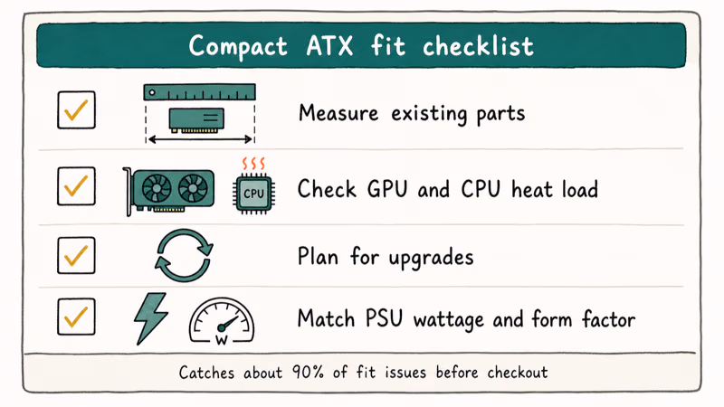 Hand-drawn four-question checklist for compact ATX case component compatibility planning