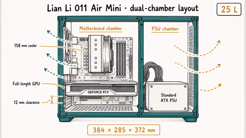 Hand-drawn diagram of Lian Li O11 Air Mini dual-chamber layout with PSU separation