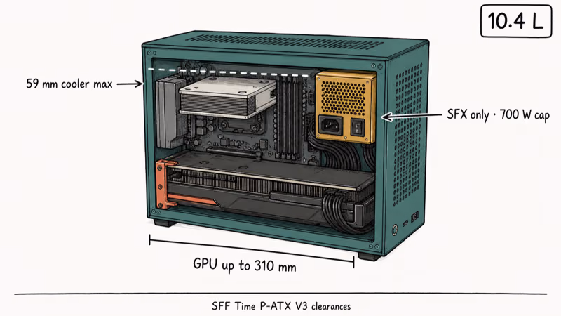 Hand-drawn cutaway showing P-ATX V3 component clearances and SFX power supply limits