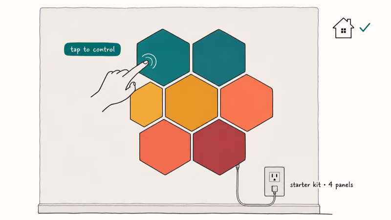 Wall mockup with seven Nanoleaf hexagon panels in gradient colors and tap-control HomeKit annotation.
