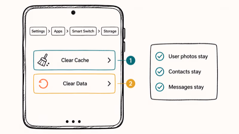 Galaxy Settings screen highlighting Smart Switch storage path with Clear Cache and Clear Data rows.
