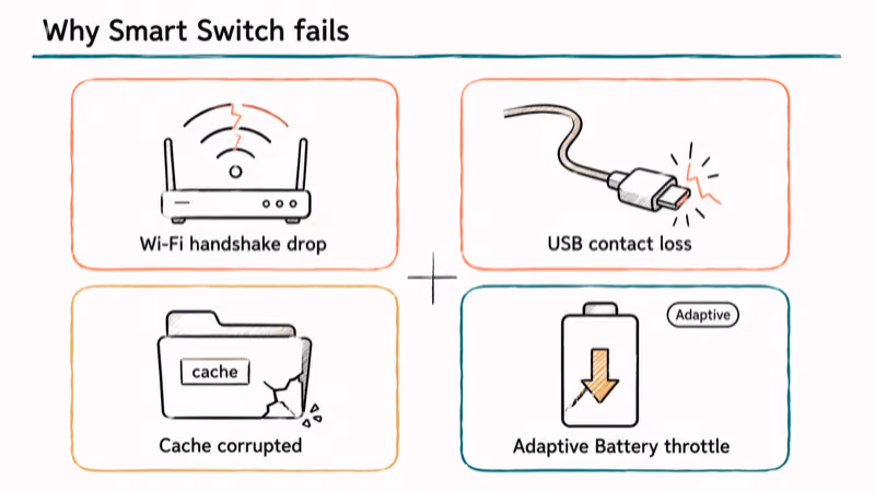Infographic showing four common Smart Switch failure causes with hand-drawn icons and labels.