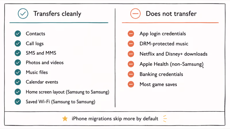 Two-column comparison listing what Smart Switch transfers cleanly versus what it does not.