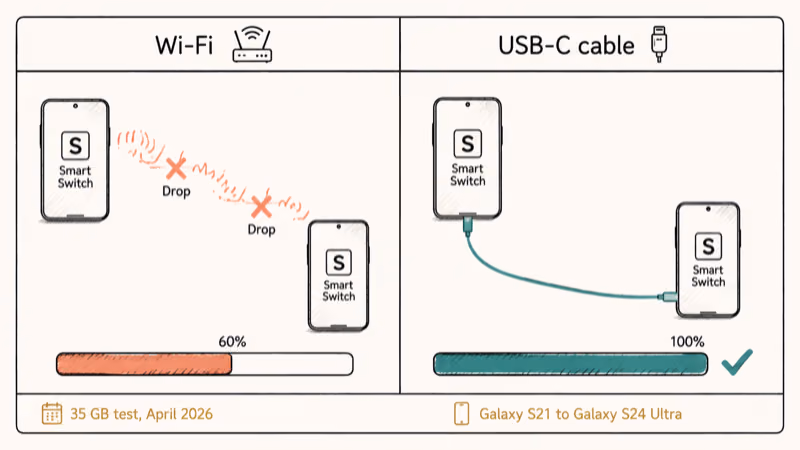 Side-by-side comparison of Wi-Fi and USB-C Smart Switch transfer reliability with progress bars.