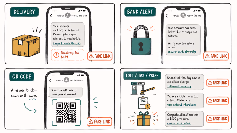 Common smishing disguises including fake delivery alerts, bank warnings, QR codes, and prize texts
