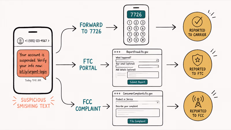 Reporting a smishing text through carrier 7726, the FTC portal, and FCC complaint page