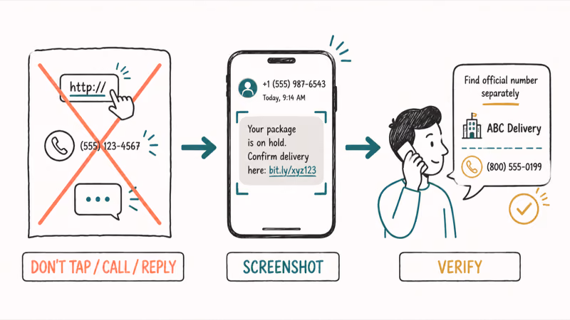 Safe response steps for a suspicious text: do not tap, screenshot, then verify