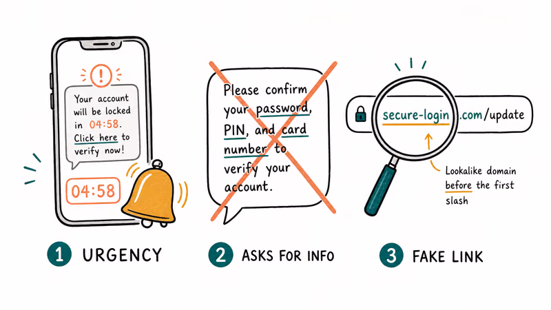 Three smishing red flags: false urgency, requests for personal data, and suspicious links