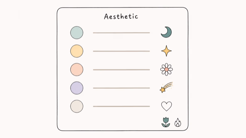 Hand-drawn Snapchat chat list showing aesthetic preset emojis like half-moon, sparkle, daisy, and tulip beside friend names.