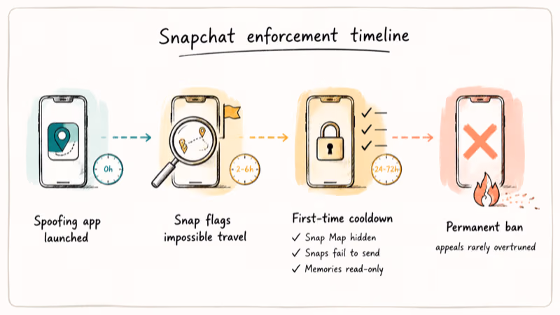 Hand-drawn timeline showing Snapchat ban escalation from spoof detection through cooldown to permanent removal