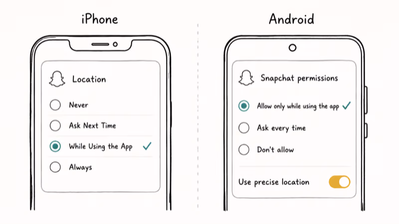Side by side iOS and Android location permission settings showing recommended choices for Snapchat geofilters.