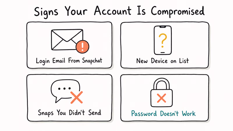 Four-card grid showing Snapchat compromise signs like login emails new devices unsent snaps and locked password.