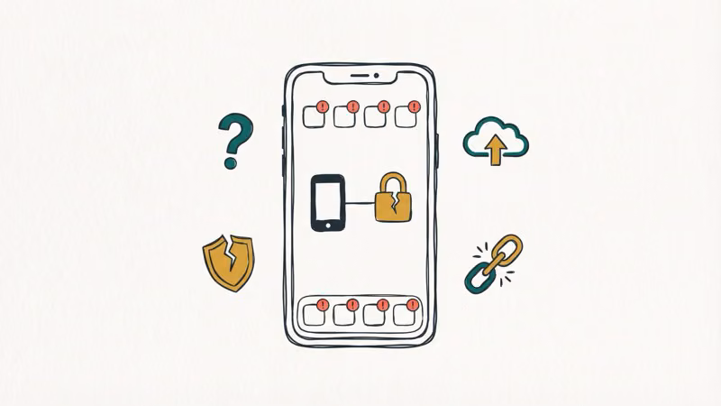 Smartphone displaying hacked account warning signs with broken padlock and alert icons