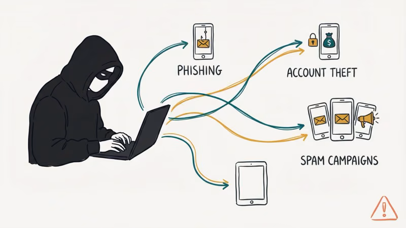 Hooded hacker at laptop sending phishing links and spam campaigns to multiple phones