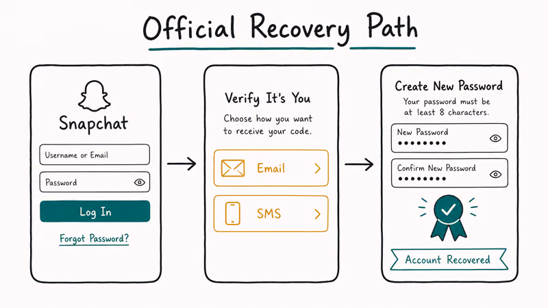 Three-screen Snapchat recovery flow from Forgot Password through verification to new password reset.