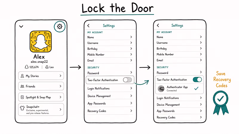 Three-screen flow showing Snapchat profile gear two-factor toggle and authenticator app verification.