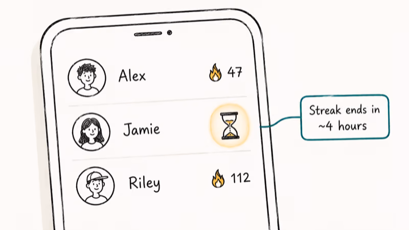 Snapchat chat list showing hourglass icon next to a friend warning streak ends soon