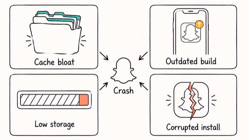 Hand-drawn diagram showing four common Snapchat crash causes including cache bloat and storage.