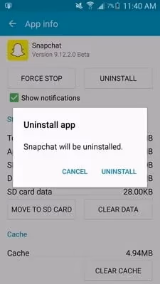 Uninstall Snapchat and ReInstall to fix snapchat keeps crashing