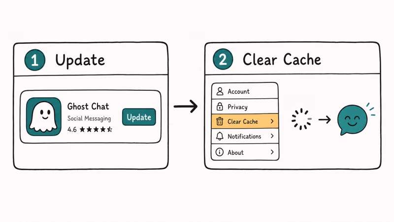 Two steps showing updating the Snapchat app then clearing the cache to fix My AI